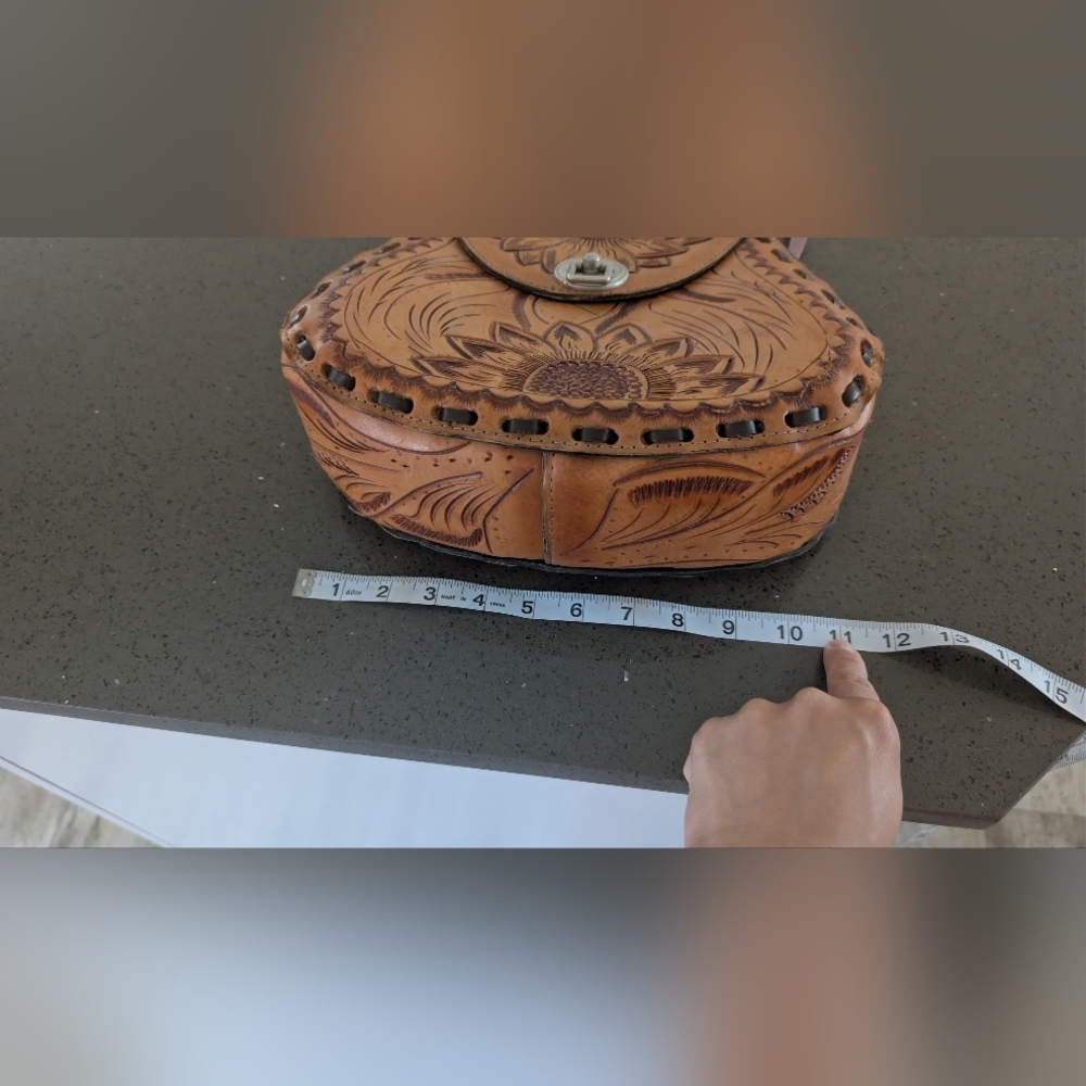 Sunflower Embossed Tan Leather Crossbody Bag Unique Personalized Leather Bag - Picture 8 of 14